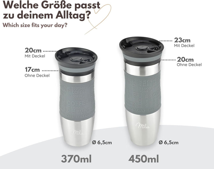 Milu Thermobecher 370ml 450ml Isolierbecher Kaffeebecher to go - 100% Auslaufsicher - Trinkbecher au