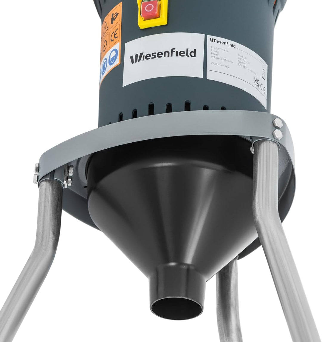 Wiesenfield Elektrische Getreidemühle inkl. Unterbau + 5 Sieben 300 kg/h 1300 W mit Untergestell Sch