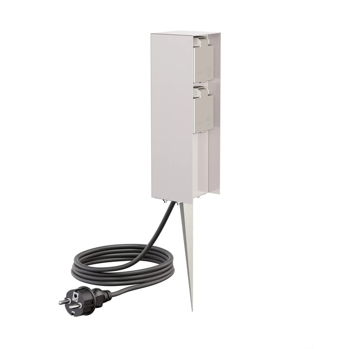 ledscom.de Garten-Steckdosen-Säule POMI mit Erdspiess und 2m Kabel für aussen, IP44, 2-Fach, Edelsta