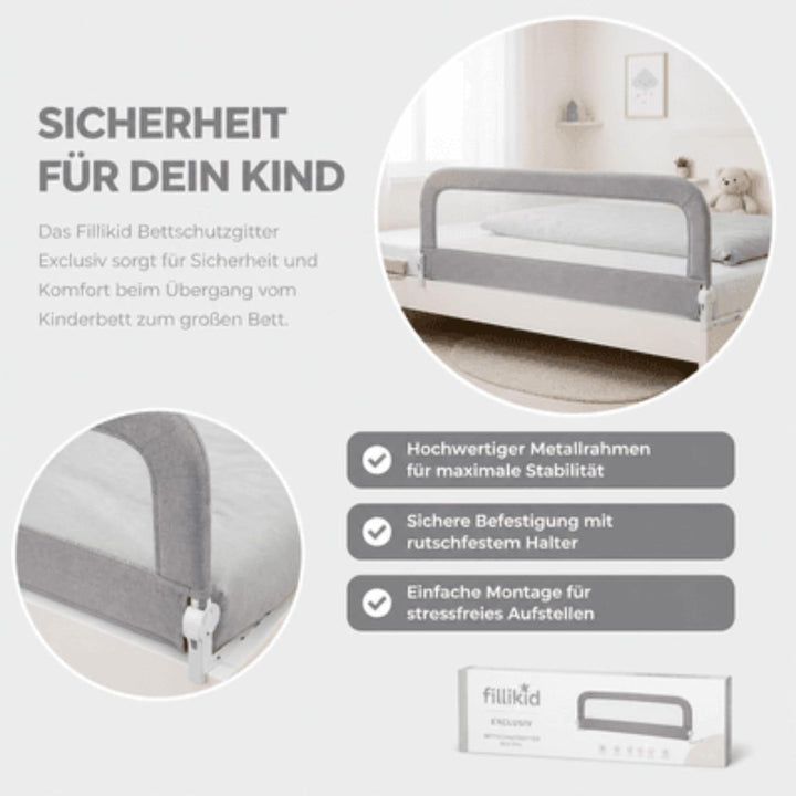 Fillikid Bettschutzgitter Exclusiv | Rausfallschutz Kinder 150 cm x 60 cm | Kinder-Bettgitter rutsch