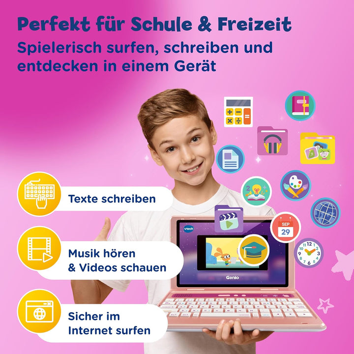 Vtech Genio Lernlaptop pink – Lerncomputer mit Internetzugang, Textprogramm und Lerninhalten zu Buch