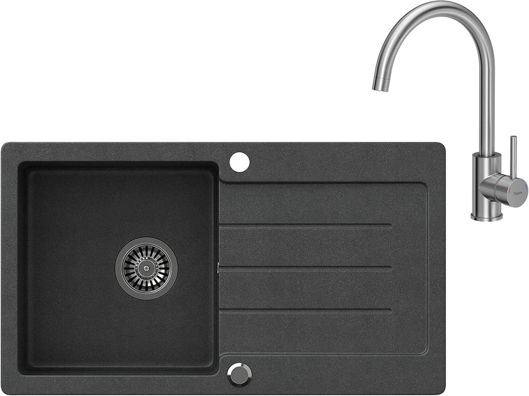 VBChome Spülbecken + Armatur 77 x 44 cm Schwarz Granit Einzelbecken Einbauspüle gesprenkelt reversib