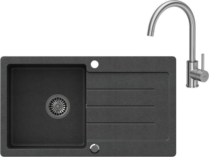 VBChome Spülbecken + Armatur 77 x 44 cm Schwarz Granit Einzelbecken Einbauspüle gesprenkelt reversib