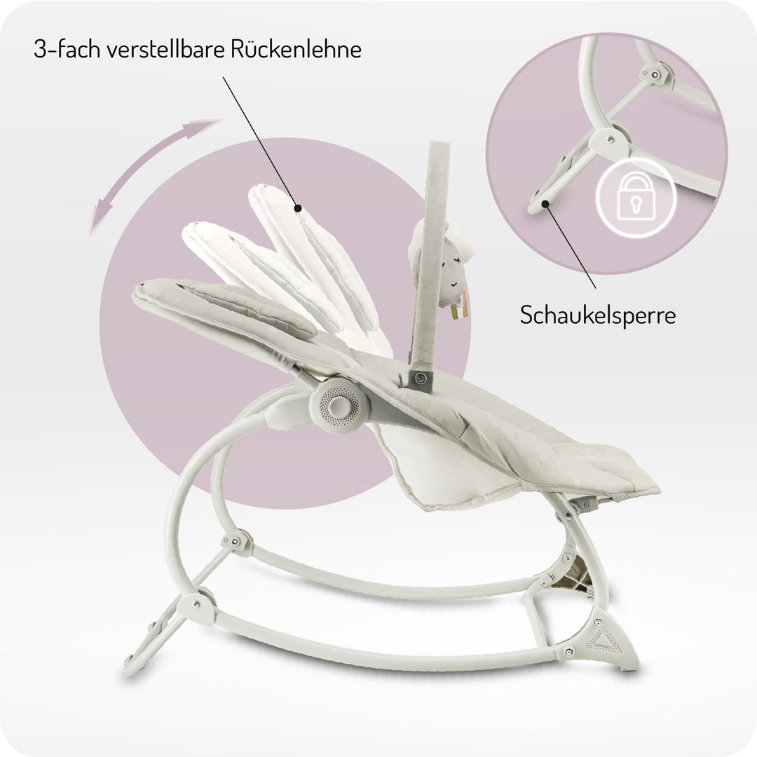 MoMi Babywippe LAPIS für Babys bis 12 kg, Batteriebetrieb, 3-Punkt-Sicherheitsgurt, Bügel und 2 Spie