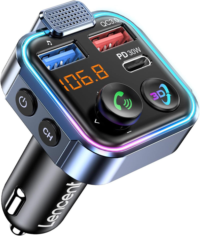 LENCENT Bluetooth 5.3 FM Transmitter, Drahtloser Radio Adapter mit Typ-C PD 30W+ QC3.0 Fast USB Lade