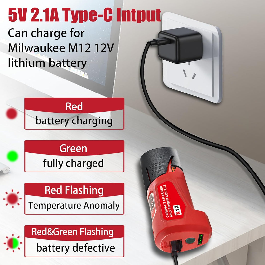 Upgrade für M12 USB Power Source Ladegerät Adapter, für Milwaukee 12V Akku, Typ-C Eingang, USB Ausga