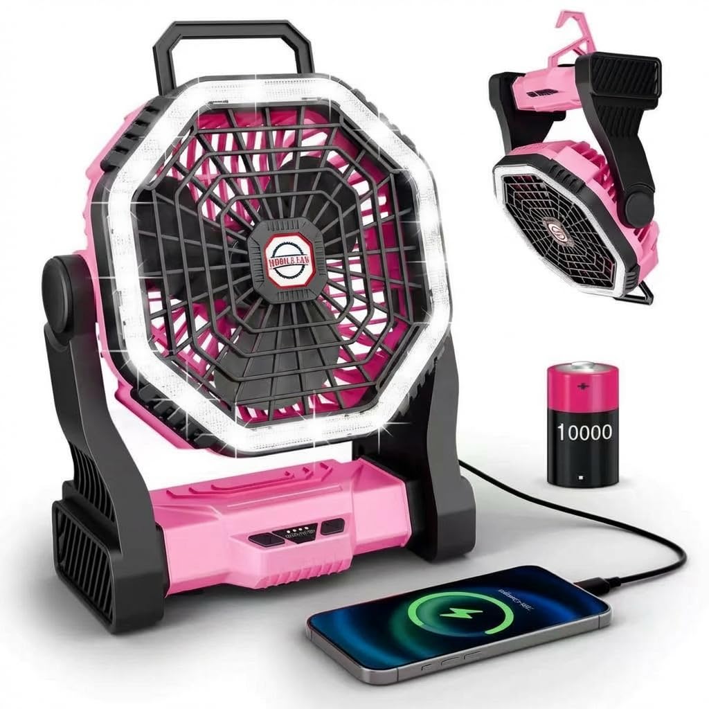 Wiederaufladbarer Camping-Ventilator mit LED-Beleuchtung, 4 Geschwindigkeitsstufen, 3 Lichtmodi, für
