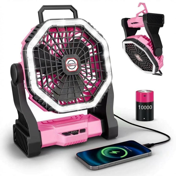 Wiederaufladbarer Camping-Ventilator mit LED-Beleuchtung, 4 Geschwindigkeitsstufen, 3 Lichtmodi, für