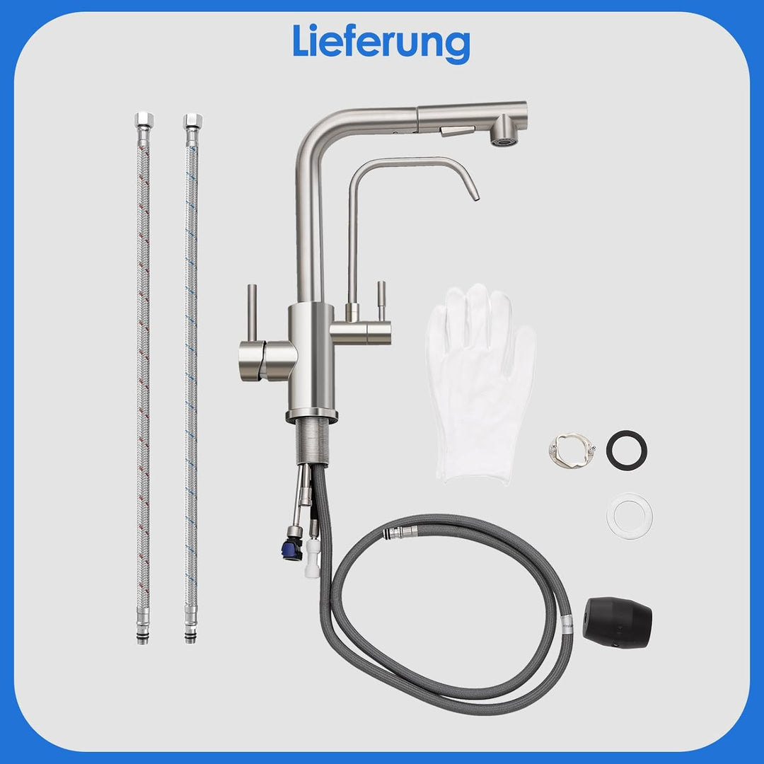 ROVOGO 3 Wege Wasserhahn Küche mit Filter, Hochdruck Küchenarmatur mit 2 Strahlarten Brause Ausziehb