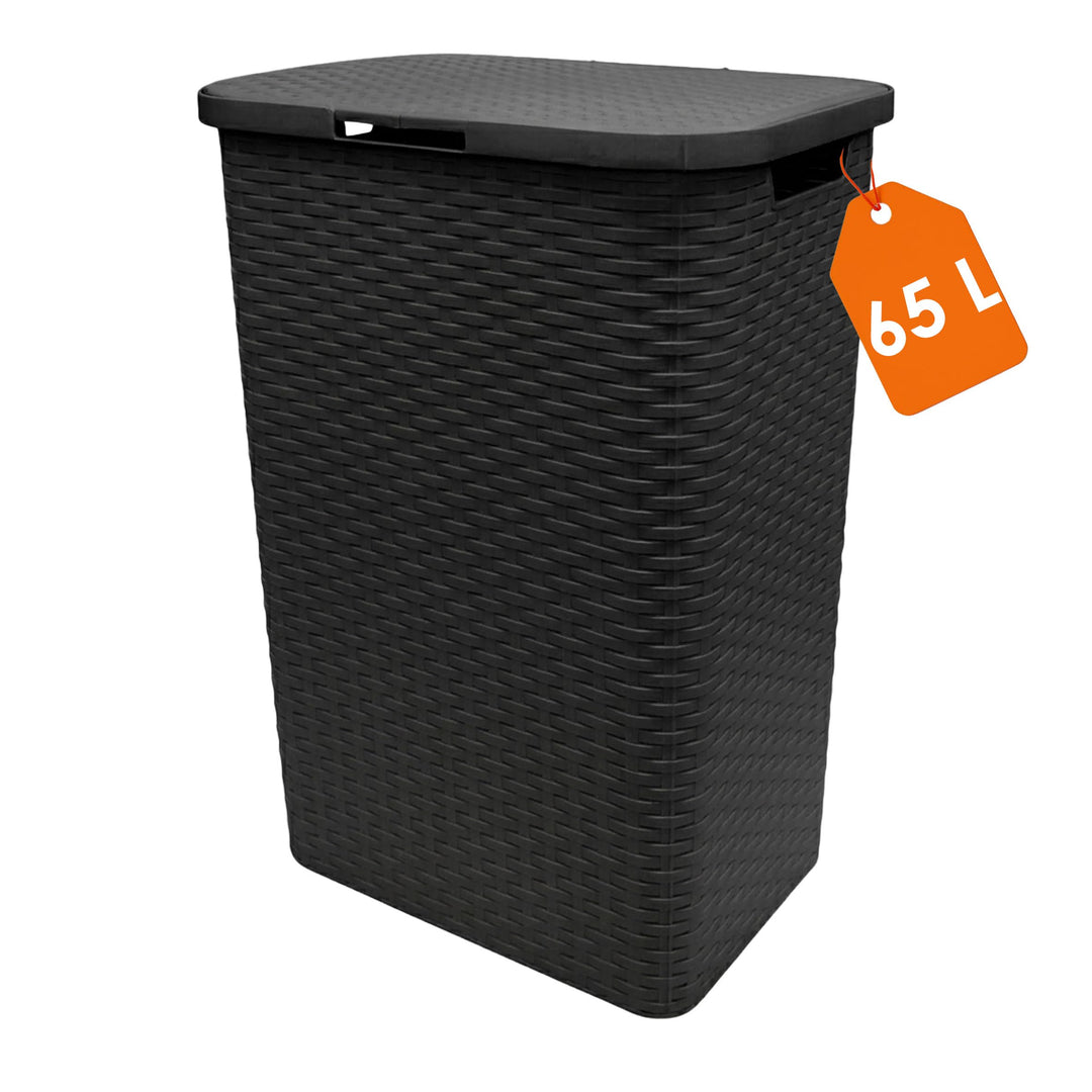 Kunststoff Wäschekorb anthrazit mit Deckel in Rattan Optik - 65 Liter - Wäschesammler in Flechtoptik