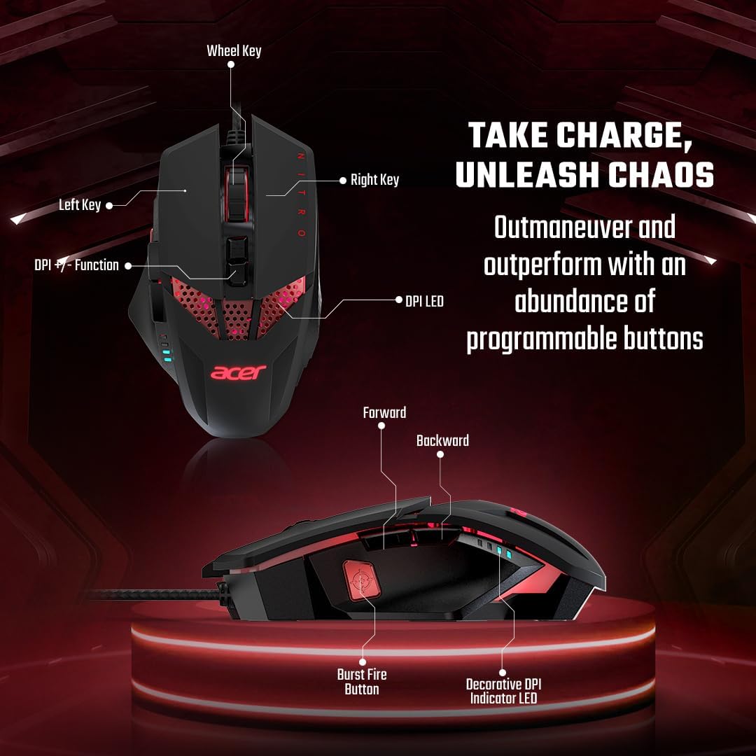 Acer Nitro Gaming Maus (4.000 DPI, anpassbar mit sechs Stufen und acht Tasten inkl. Burst Fire) rot/