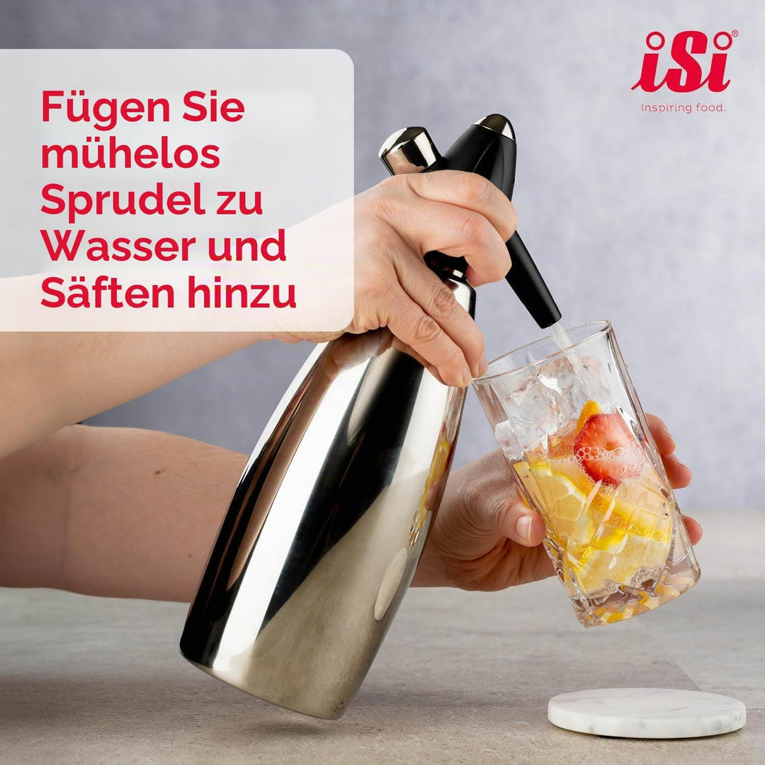 iSi Siphon, Wassersprudler für Sprudelwasser, Sprudler mit Edelstahl Flasche, Kohlensäure für Wasser