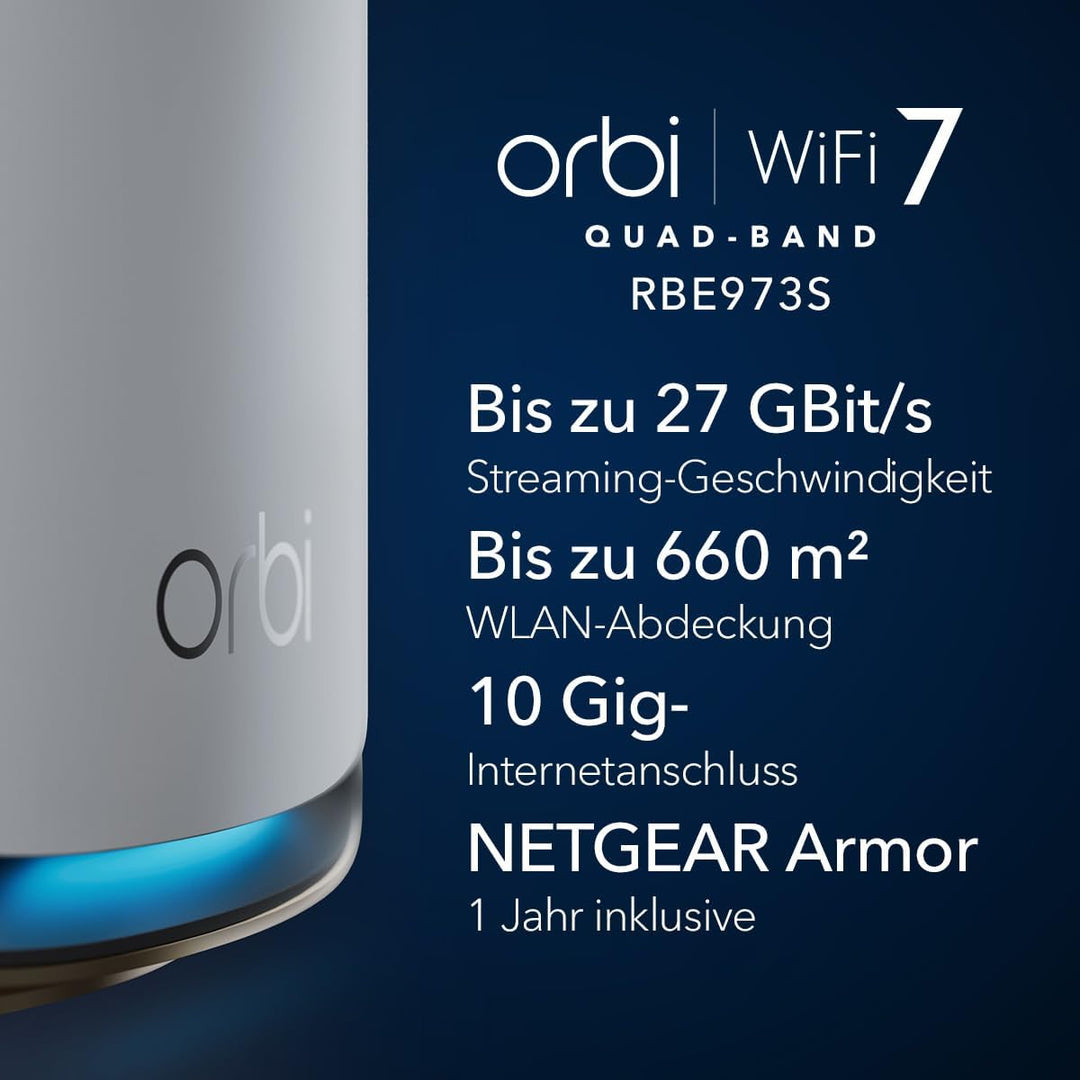 NETGEAR Orbi 970-Serie Quad-Band WiFi 7 Mesh WLAN Set (RBE973S), BE27000 WiFi 7 Router mit 2 Satelli