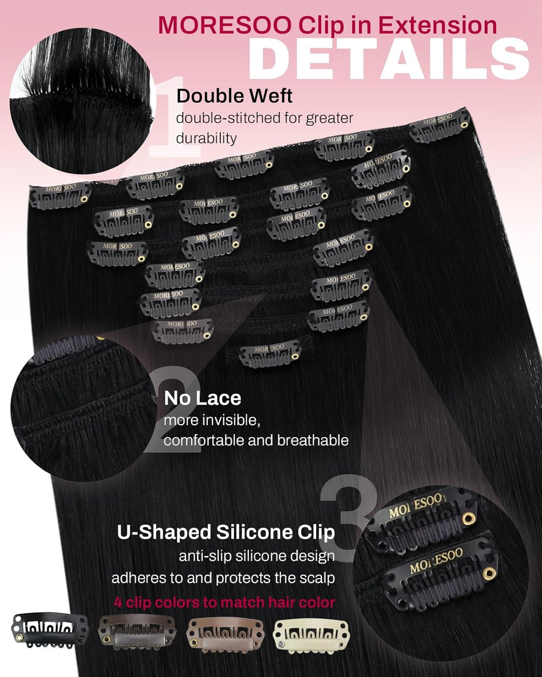 Moresoo Clip in Extensions Echthaar Remy Haarextension Echthaar Clip Doppelt Tressen Clip in Extensi