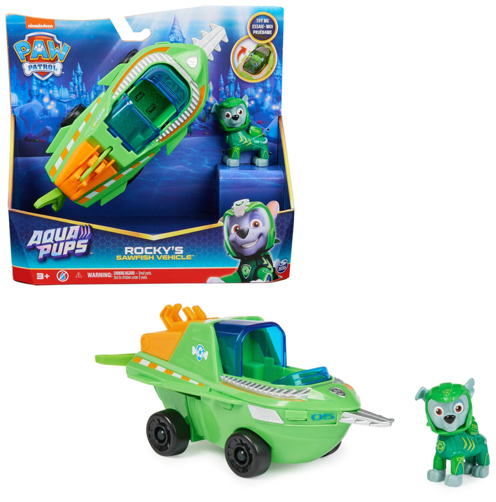 PAW PATROL, Aqua Pups - Basis Fahrzeug Spielzeugauto im Sägefisch-Design mit Rocky Welpenfigur, Spie