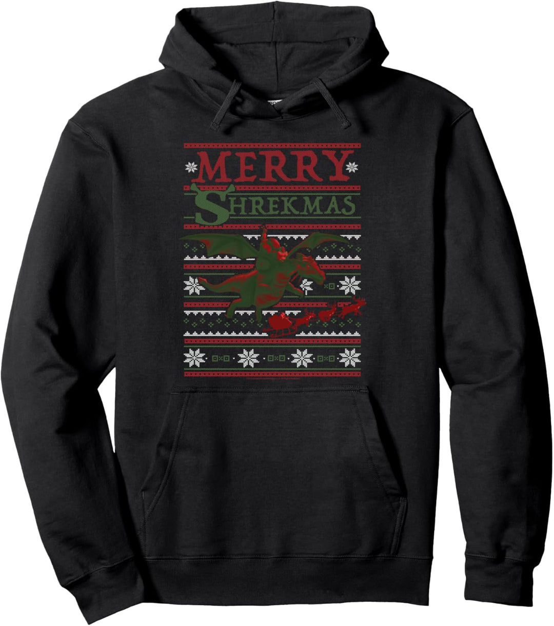 Shrek Group Shot Merry Shrekmas Holiday Text Pattern Pullover Hoodie