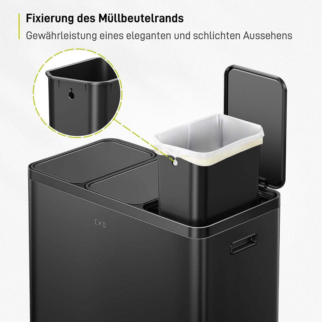EKO Essential Mülleimer 3 Fächer, 3 x 20 Liter, Mülltrennsystem Küchentretmülleimer, inklusive 20 Mü