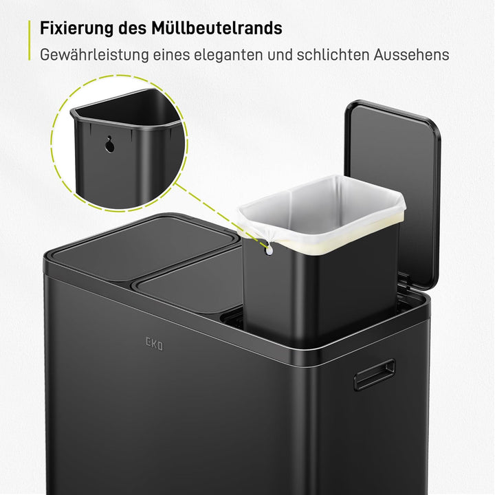 EKO Essential Mülleimer 3 Fächer, 3 x 20 Liter, Mülltrennsystem Küchentretmülleimer, inklusive 20 Mü