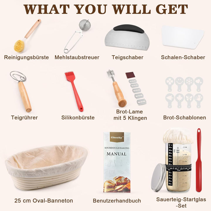 Sauerteig Starter Set, 11-teilig Gärkorb Brot Set, Oval 25cm, Rattan, Komplettset Brot Backen Zubehö