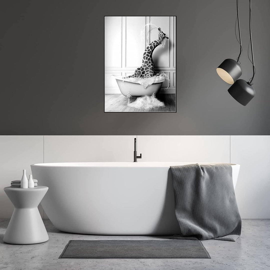 WADBTP Badezimmer Bilder,Schwarz Weiss Bilde,Lustige Tier in der Badewanne Leinwand Bilder für Wohnz