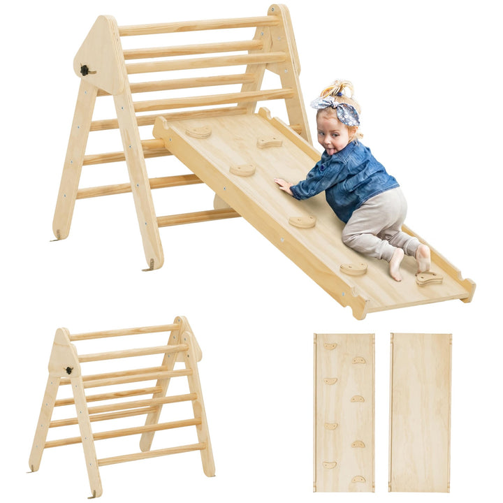 AIYAPLAY 2-in-1 Montessori Klettergerüst aus Naturholz Indoor Kletterdreieck mit Rutsche Indoor Spie