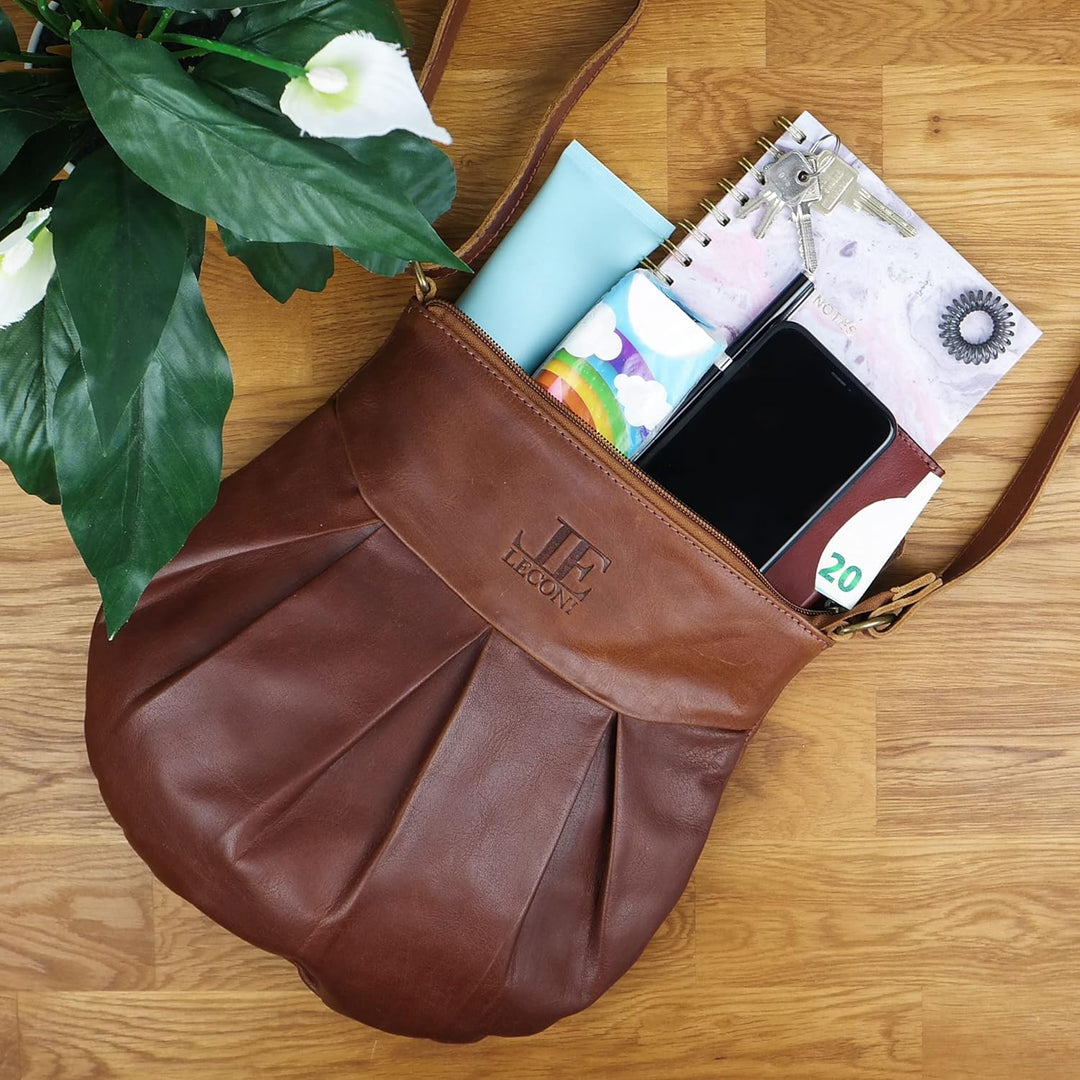 LECONI kleine Schultertasche Damentasche Umhängetasche natur weiche Ledertasche Handtasche Damen Led