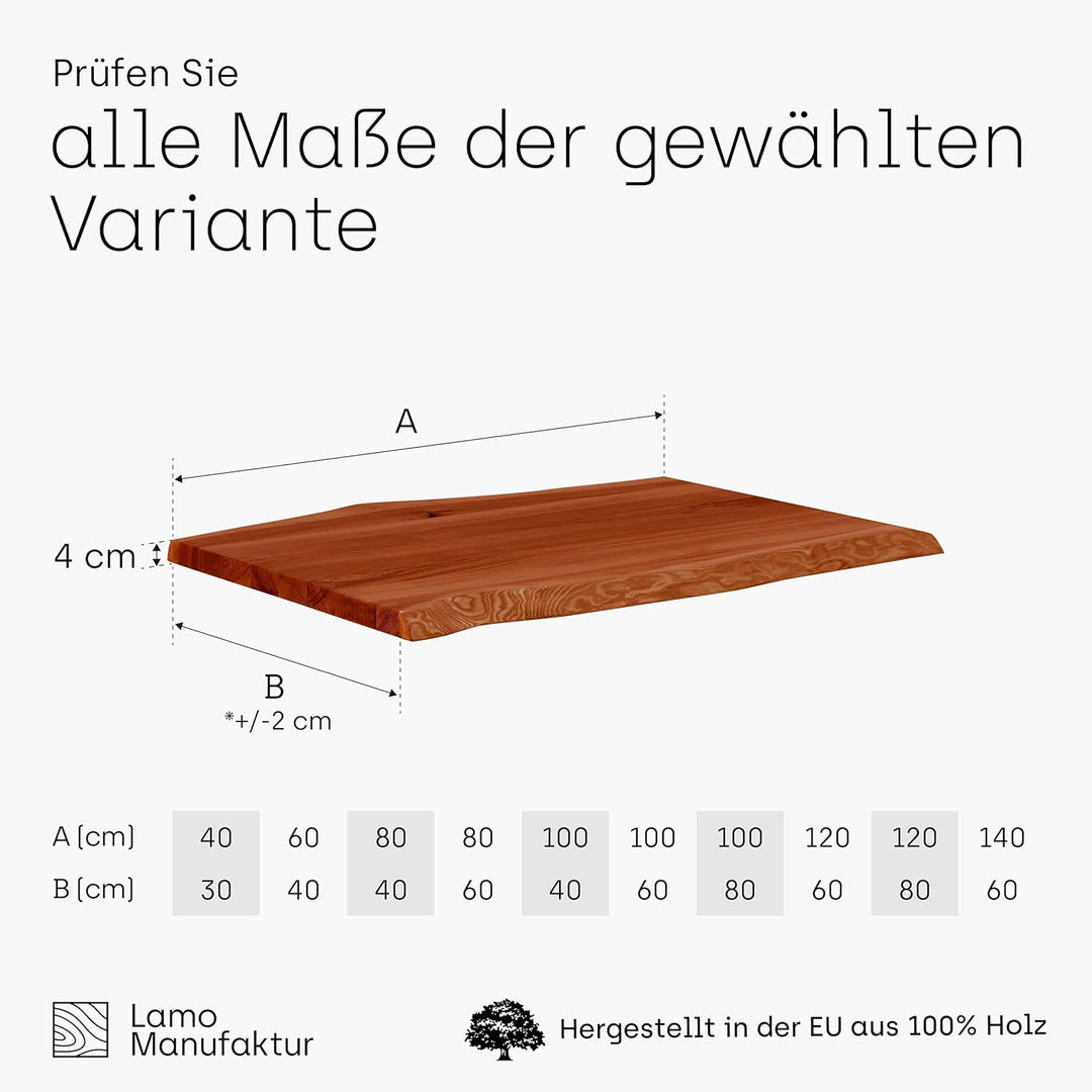 LAMO Manufaktur Massivholzplatte Tischplatte Baumkante für Schreibtisch, Esstisch, 120x60 cm, Dunkel