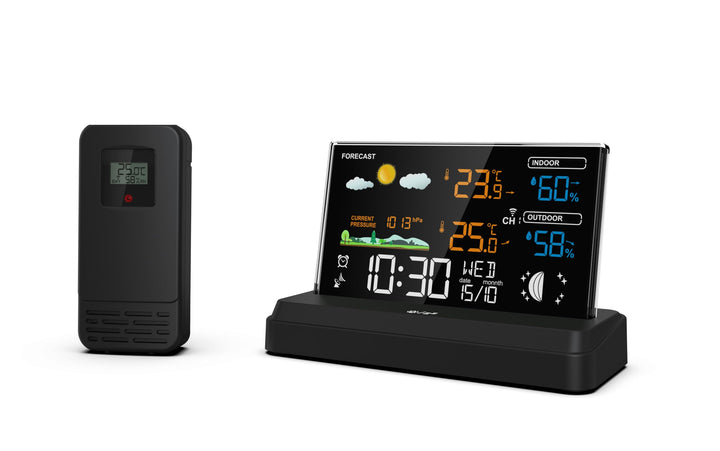 SOUCCESS FUNK-WETTERSTATION "DELUXE" - FARBIGE WETTERSTATION MIT FUNKUHR, WETTERDATEN, AUSSENSENSOR,