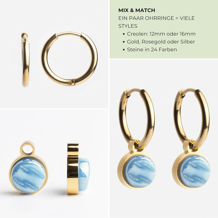 Gold Ohrringe Creolen mit Anhänger zum Wechseln • Edelstahl Ohrhänger mit Charm in blau • nickelfrei