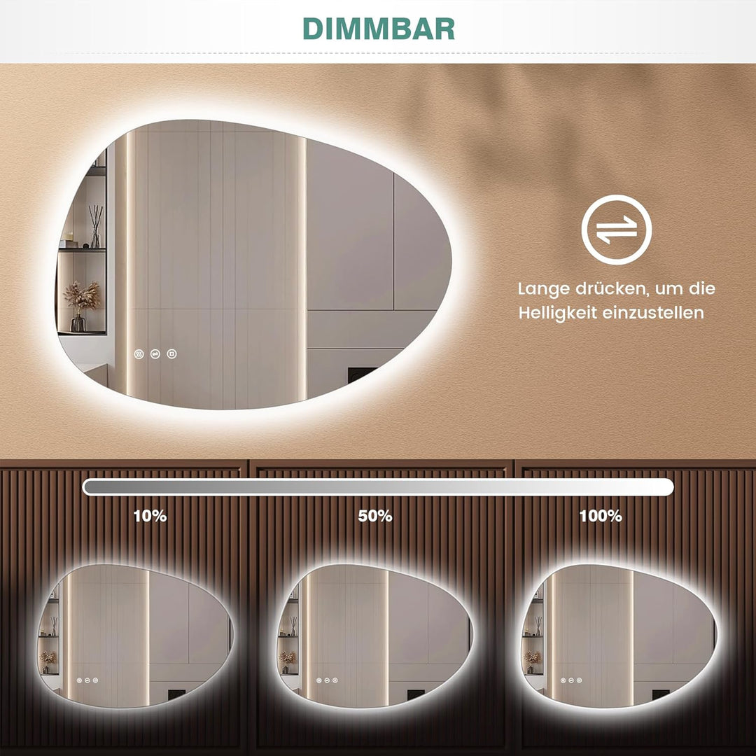 Asymmetrischer Spiegel mit LED-Beleuchtung, 65x50cm, ohne Rahmen, mit Touch-Schalter, Antibeschlag,