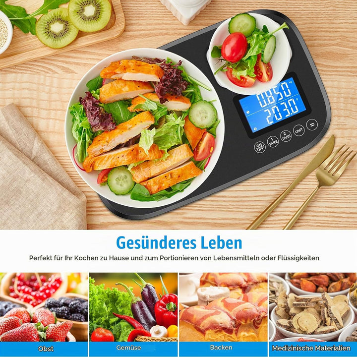 Brifit Küchenwaage mit Dualer Plattform, 10Kg /1g und 1Kg/0,1g，Digitalwaage mit 7 Einheiten, Tara Fu