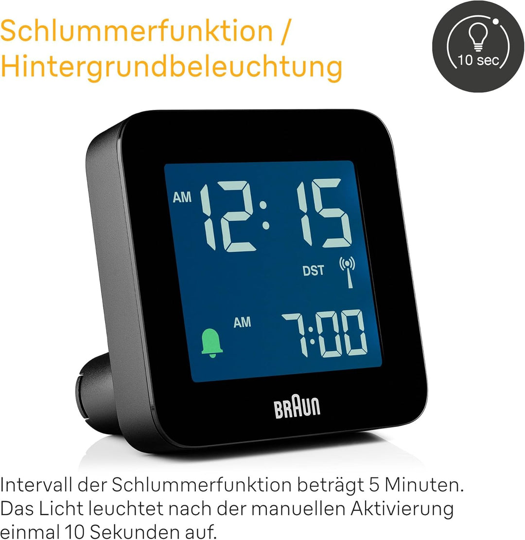 Braun Digitaler Funkwecker Mitteleuropäische Zeitzone (MEZ) mit Schlummerfunktion, Negatives LC-Disp