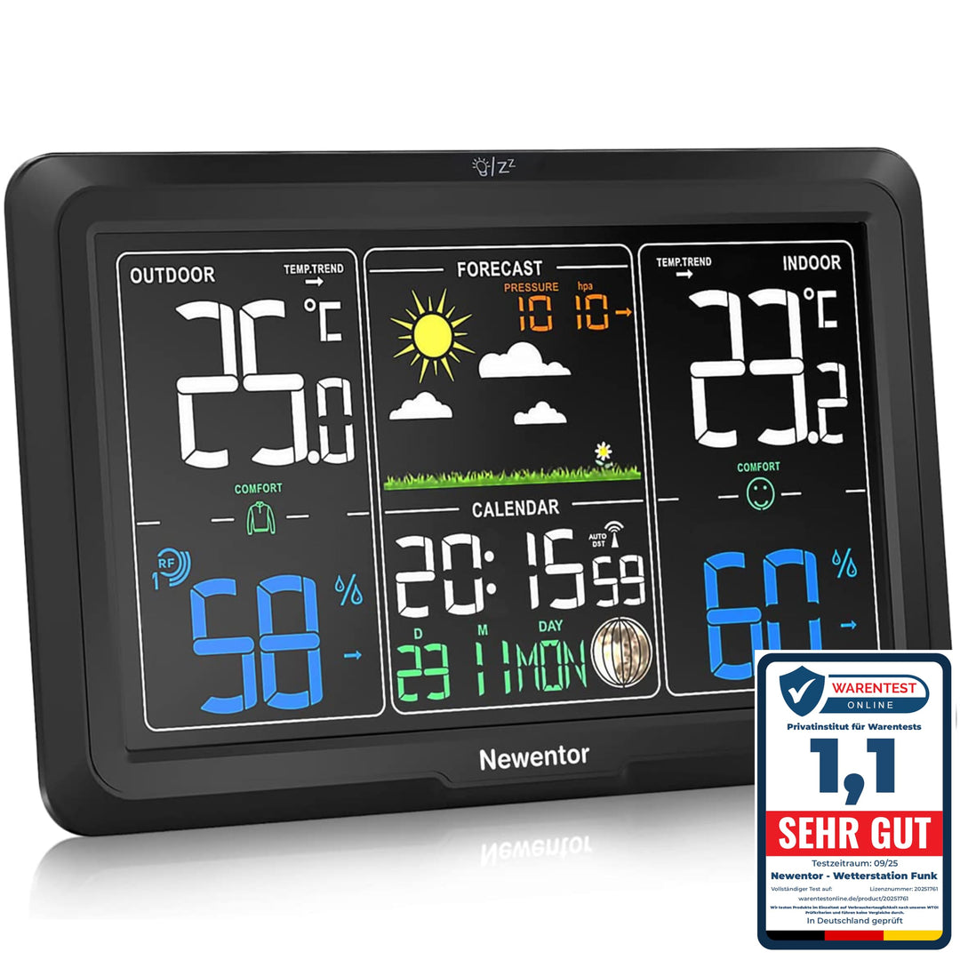 Newentor Wetterstation Funk mit Aussensensor - 3 Einstellbare Helligkeit - Funkwetterstation mit Wet