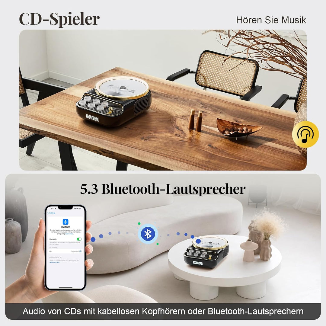 Tragbarer 4-in-1 CD Player mit Bluetooth Lautsprecher FM-Radio, Bluetooth 5.3 Lautsprecher mit Dimmb