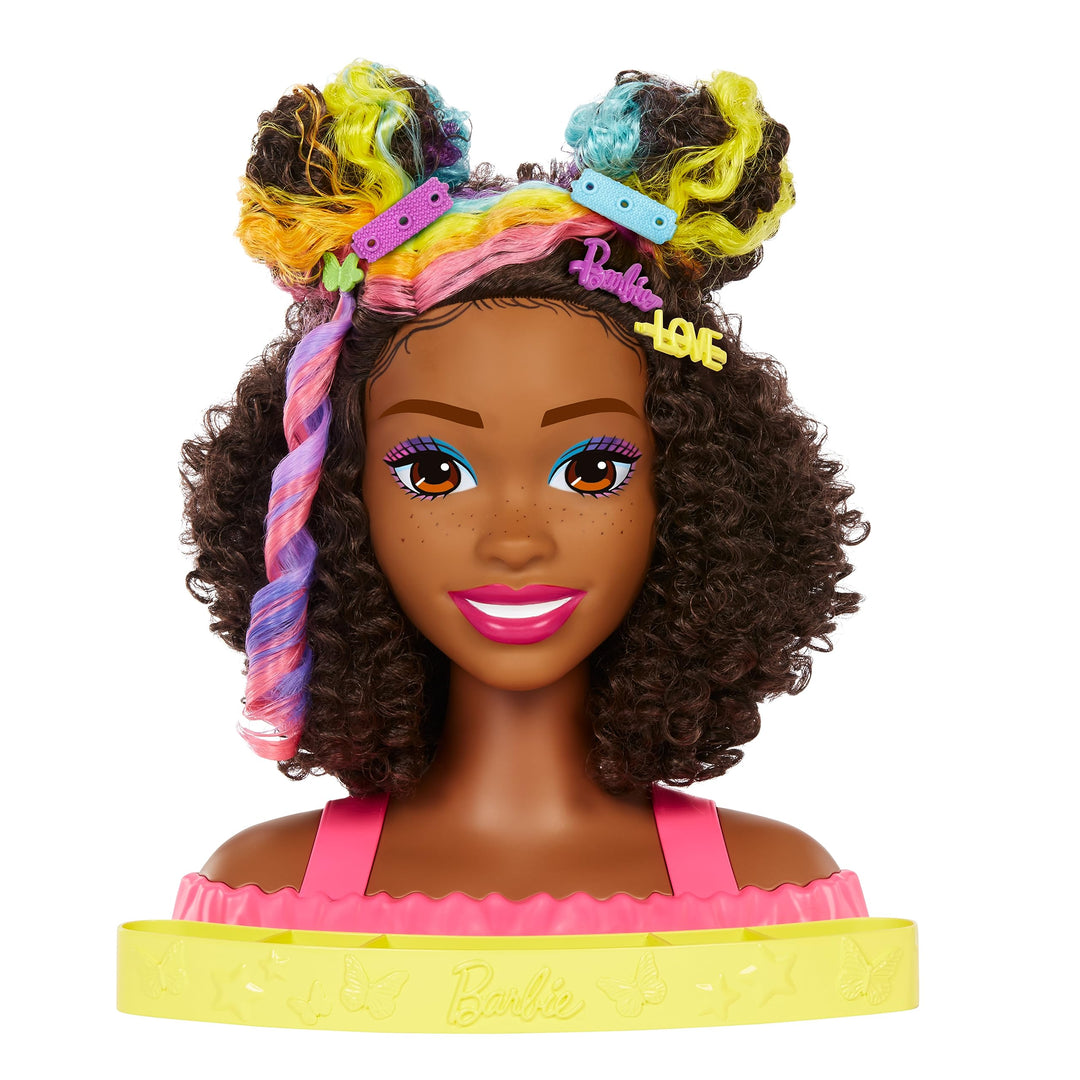Barbie HMD79 - Barbie-Puppe Deluxe Styling-Kopf, Barbie Totally Hair, lockige braune Neon-Regenbogen