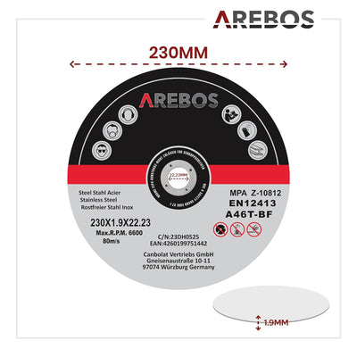 Arebos Trennscheiben Ø 230 mm, 25 Stück | geeignet für Stahl, Edelstahl, Inox, Eisen, Blech, Metall