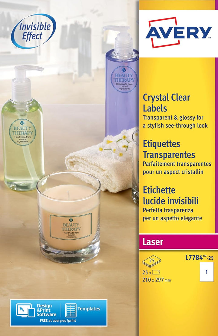 Avery Kristallklare Etiketten für Laserdrucker langlebig 1 pro Blatt 210 x 297 mm 25 Stück transpare