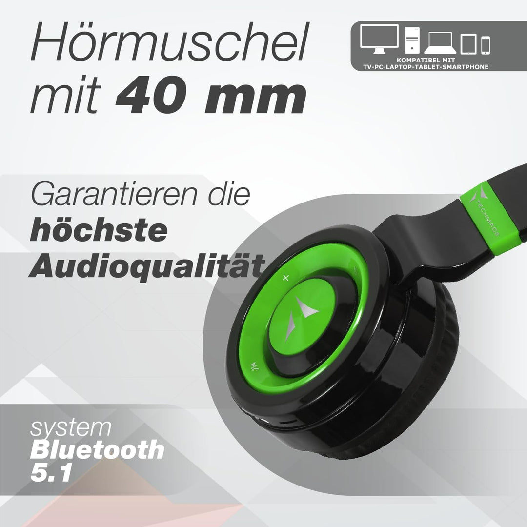 Techmade TM-046 Bluetooth-Kopfhörer – Faltbar, Over-Ear, Mikrofon, FM-Radio, SD-Karten-Slot, Grün