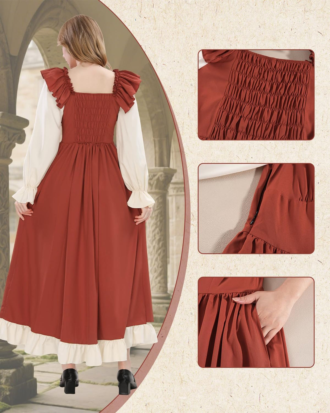 CR ROLECOS Renaissance Kleid Kurzarm Mittelalter Kleidung Damen Puffärmel Viktorianisches Ballkleid