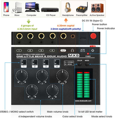 Douk Audio MX5 Mono/Stereo 4-Kanal Audio Mixer Ultra-rauscharmer Line Mixer LED Pegelmesser