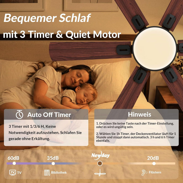 Newday Deckenventilatoren Flach Holz mit 6 Flügel, 132cm Gross Deckenventilator mit Beleuchtung und