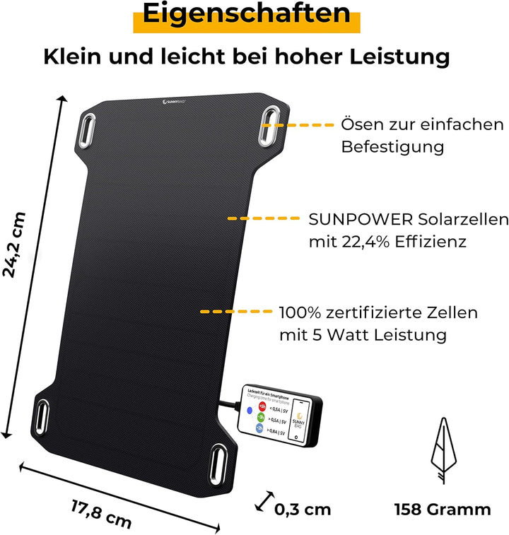 Sunnybag Leaf Mini | Solar Ladegerät mit 5 Watt Leistung | Unterwegs Handy Laden mit Solar Panels |