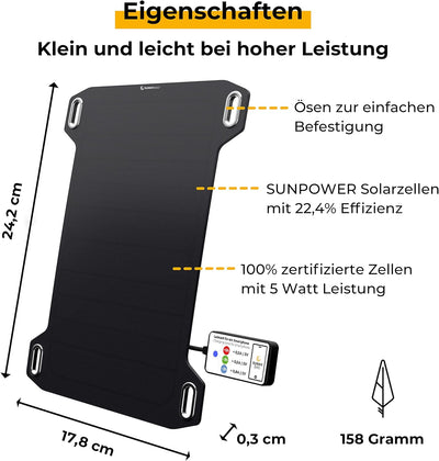 Sunnybag Leaf Mini | 5 Watt Tragbares Solarpanel | Effizient, wasserfest, Ultraleicht, 158g | Solarl