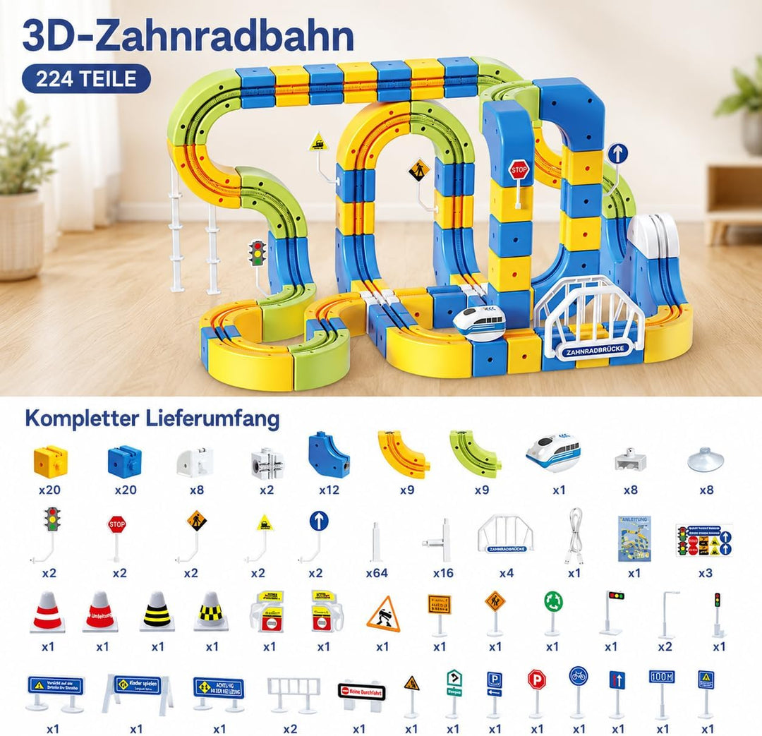 224 PCS Eisenbahn Kinder Elektrisch Cube Track Set, 3D Strecke Flexible Rennstrecke DIY Motorisierte