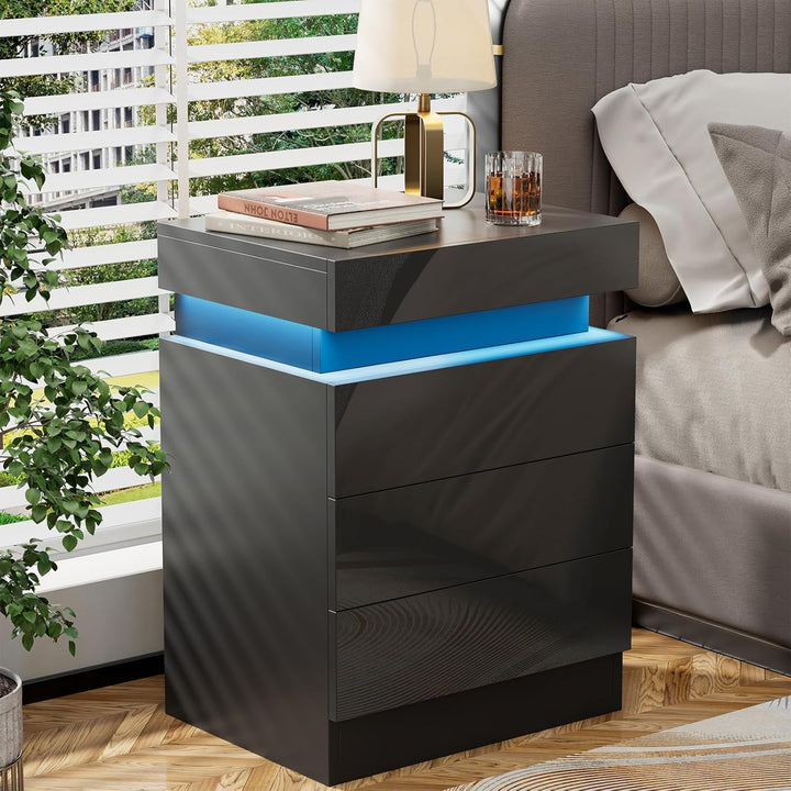 Lvhcmfohm Nachttisch Schwarz 2er Set, Nachtschrank mit Led Licht, Nachtkommode mit 3 Schubladen und