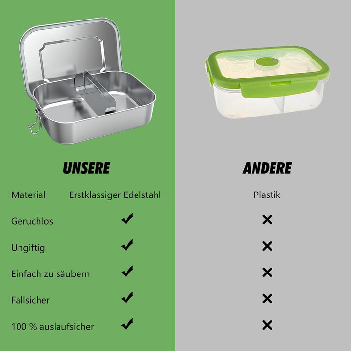 Brotdose Edelstahl mit Fächern, Lunchbox Auslaufsicher 1200ml, Brotzeitdose mit Trennwänd, Brotdosen