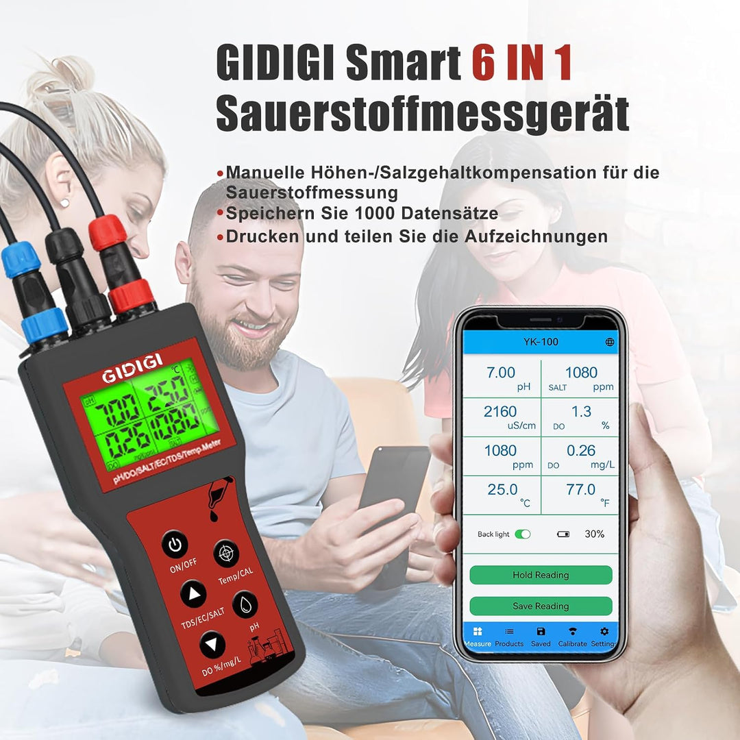6-in-1 Smart-Gerät zur Messung von gelöstem Sauerstoff | pH-Wert, Salzgehalt, TDS und EC auch für Hy