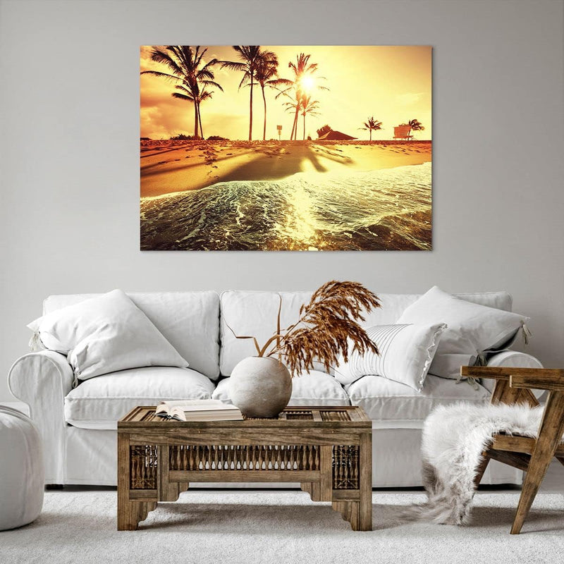 Bilder auf Leinwand 100x70cm Leinwandbild mit Rahmen Strand Meer Palme Gross Wanddeko Bild Schlafzim