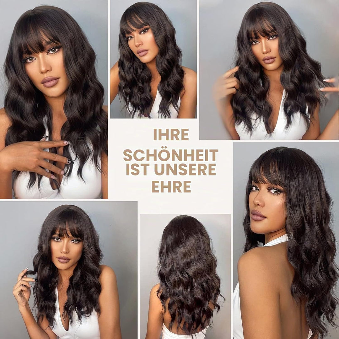 HAIRCUBE Lange lockige Perücken für Frauen dunkelbraune Perücken synthetische Perücke mit Pony -Hitz