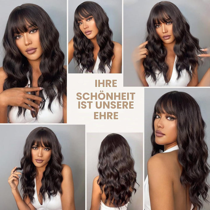 HAIRCUBE Lange lockige Perücken für Frauen dunkelbraune Perücken synthetische Perücke mit Pony -Hitz